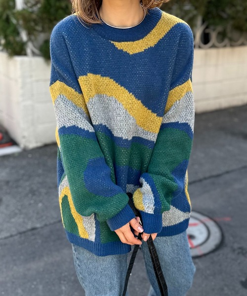 ダブルジャガード マーブルウェーブ柄 ニット（ニット/セーター）｜mi