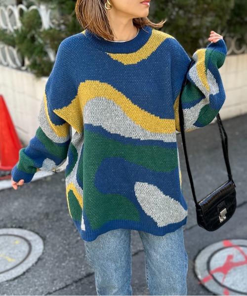 mi via loca(ミヴィアロカ)の「ダブルジャガード マーブルウェーブ柄 ニット(ニット/セーター・レディース・ブルー/ボルドー・FREE)」の14枚目の写真