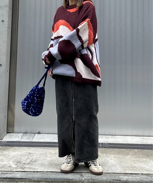 ダブルジャガード マーブルウェーブ柄 ニット（ニット/セーター）｜mi