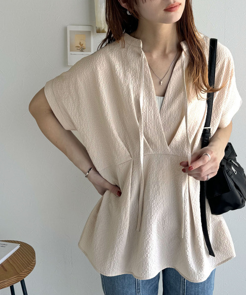 セール】大人の上品さをプラス。前後2wayカシュクールサッカー素材半袖