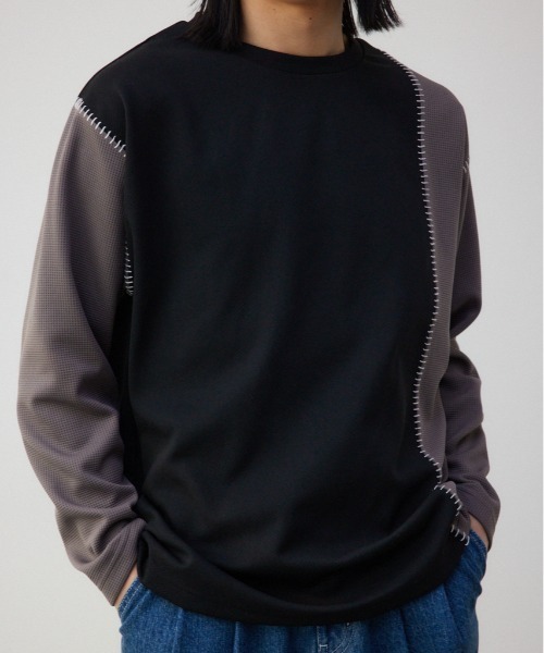AZUL by moussy(アズールバイマウジー)の「バイカラーブランケットステッチ長袖トップス(Tシャツ/カットソー・メンズ・ブラック系その他/ホワイト系その他・LARGE/MEDIUM)」の1枚目の写真