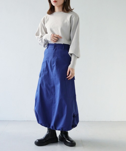 HER CLOSET（ハークローゼット）の「 【HER CLOSET】WEB限定ドローストリングカーゴバルーンスカート WEB LIMITED DRAWSTRING CARGO BALLOON SKIRT（スカート・レディース・ベージュ/ブルー・M）」の4枚目の写真