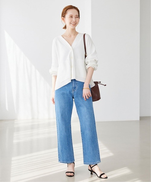 SLOBE IENA（スローブイエナ）の「《追加2》スムースニットカーディガン（カーディガン/ボレロ・レディース・ネイビー/ホワイト/ベージュ系その他/サックスブルー・FREE）」の5枚目の写真