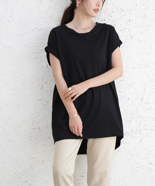 Doux Belle(ドゥーベル)の「コットン半袖ロングTシャツ(Tシャツ/カットソー・レディース・ブラック/ベージュ/オフホワイト・MEDIUM)」の16枚目の写真
