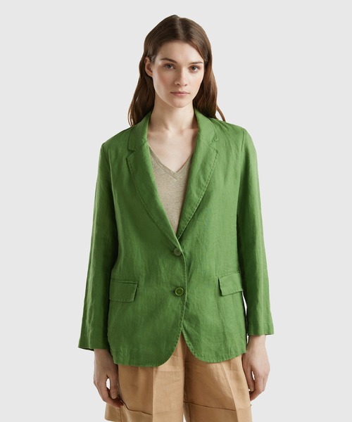 BENETTON (UNITED COLORS OF BENETTON)(ベネトンユナイテッドカラーズオブベネトン)の「リネン100%2ボタンカジュアルジャケット(テーラードジャケット・レディース・ブラック/カーキ/ピンクベージュ/イエロー/ベージュ/グリーン・40/38/42/36)」の4枚目の写真