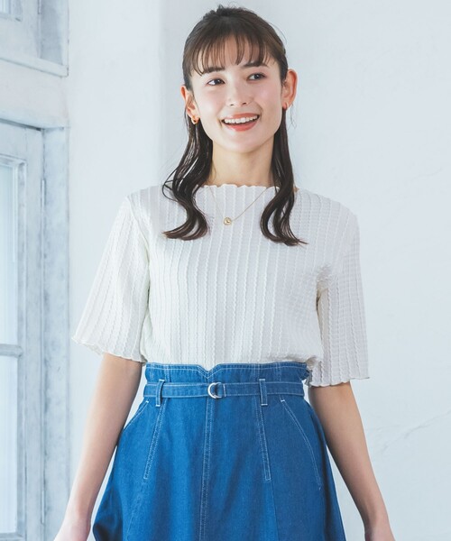 ITS'DEMO（イッツデモ）の「◆【M・Lサイズ展開／レイヤードに】ジャカードカットプルオーバー（Tシャツ/カットソー・レディース・ピンク/オフホワイト/ブラック/サックスブルー・38/40）」の2枚目の写真