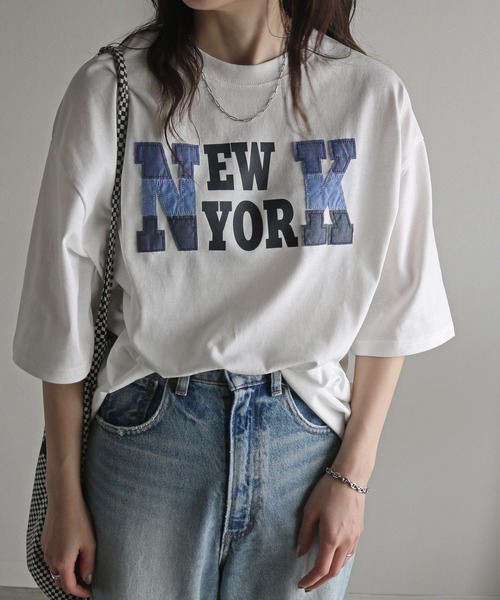 COURO(コウロ)の「デニムパッチプリントTシャツ(Tシャツ/カットソー・レディース・ホワイト/ブルー/ブラック・M/L/XL)」の5枚目の写真