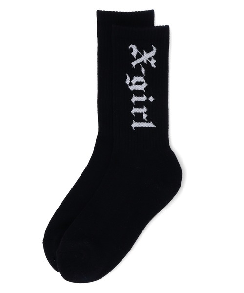 X-girl（エックスガール）の「OLD ENGLISH LOGO RIB SOCKS（ソックス/靴下・レディース・ホワイト/ブラック・ONE SIZE）」の2枚目の写真