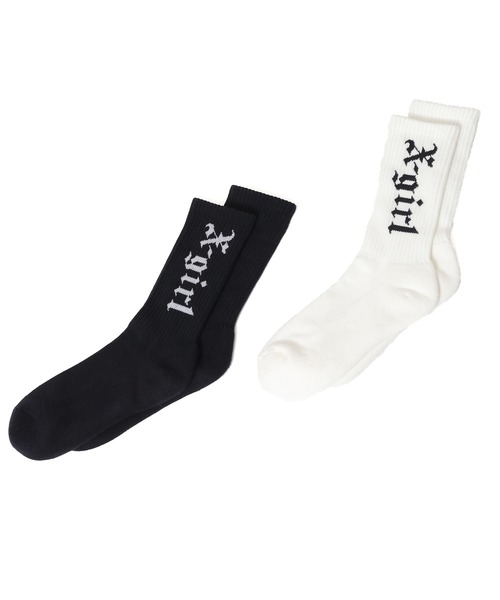 X-girl（エックスガール）の「OLD ENGLISH LOGO RIB SOCKS（ソックス/靴下・レディース・ホワイト/ブラック・ONE SIZE）」の3枚目の写真