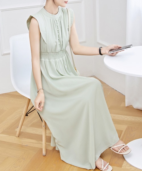 希少♡8va alta ウエストマーク ドレープギャザーロングワンピース セール】フロントボタン クルーネック ハイウエスト ギャザー