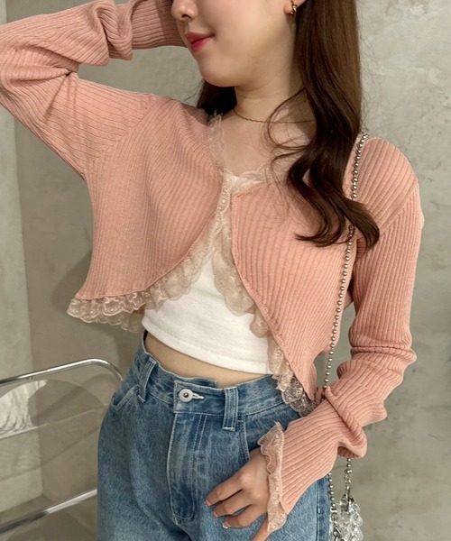 one after another NICE CLAUP（ワンアフターアナザーナイスクラップ）の「レースボレロカーディガン（カーディガン/ボレロ・レディース・ピンク/モカ/オフホワイト/ブラック・FREE）」の4枚目の写真