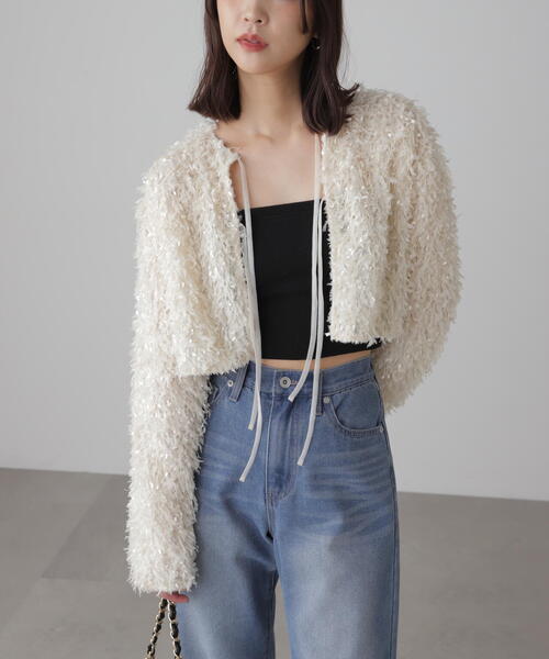 FREE'S MART(フリーズマート)の「◆フェザーライクカーディガン(カーディガン/ボレロ・レディース・ホワイト/ブラック・FREE)」の1枚目の写真