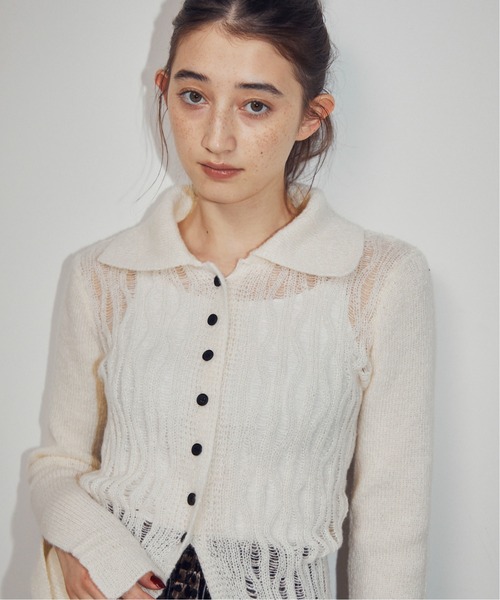 MOCOA'S（モコアズ）の「透かし編みスリットニット（ニット/セーター・レディース・チャコールグレー/オフホワイト/ブラック・FREE）」の6枚目の写真