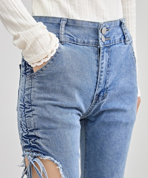 セール】サイド シャーリング カットアウト ダメージ デニム パンツ
