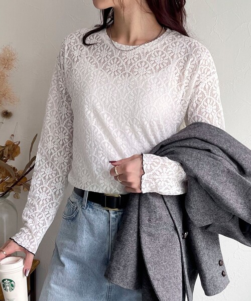 fredy emue（フレディエミュ）の「ストレッチレースロンTシャツ（Tシャツ/カットソー・レディース・オフホワイト/ブラック・38）」の14枚目の写真