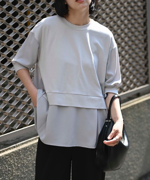 &HALF(アンドハーフ)の「レイヤード半袖フレアTシャツ(Tシャツ/カットソー・レディース・ライトグレー/ブラック/オフホワイト・FREE)」の3枚目の写真