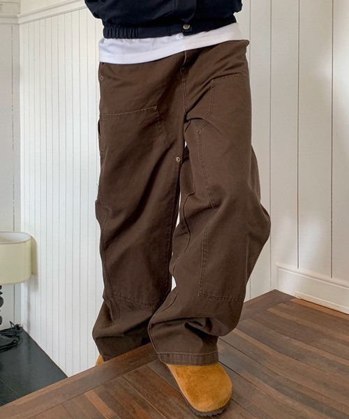 MASSES ブラウン チノパン L セール】【NOWLE】ワイドシルエット リベット ワークパンツ