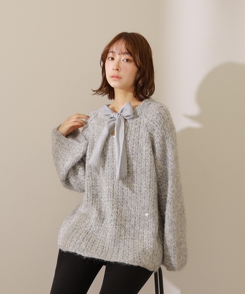 LAULEN(ローレン)の「chiffon ribbon glitter knit /ラメ シフォン リボン ニット(ニット/セーター・レディース・アイボリー/グレー・FREE)」の2枚目の写真