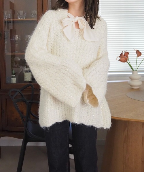 LAULEN(ローレン)の「chiffon ribbon glitter knit /ラメ シフォン リボン ニット(ニット/セーター・レディース・アイボリー/グレー・FREE)」の1枚目の写真
