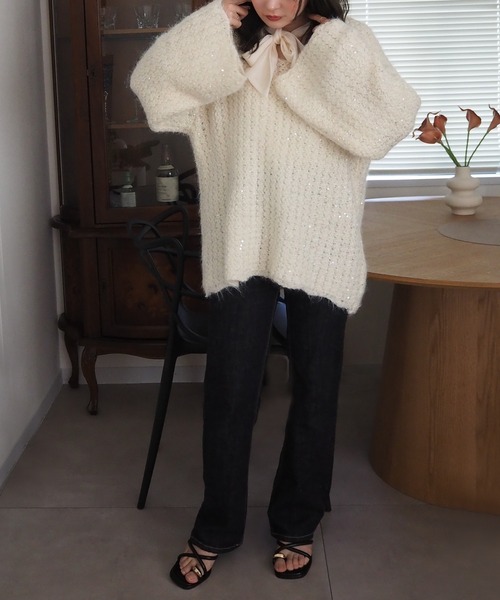 LAULEN(ローレン)の「chiffon ribbon glitter knit /ラメ シフォン リボン ニット(ニット/セーター・レディース・アイボリー/グレー・FREE)」の4枚目の写真