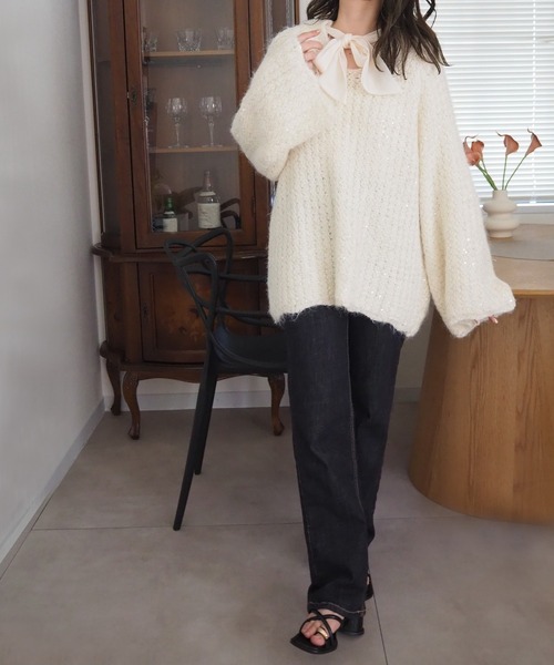 LAULEN(ローレン)の「chiffon ribbon glitter knit /ラメ シフォン リボン ニット(ニット/セーター・レディース・アイボリー/グレー・FREE)」の5枚目の写真