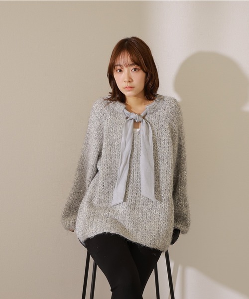 LAULEN(ローレン)の「chiffon ribbon glitter knit /ラメ シフォン リボン ニット(ニット/セーター・レディース・アイボリー/グレー・FREE)」の6枚目の写真
