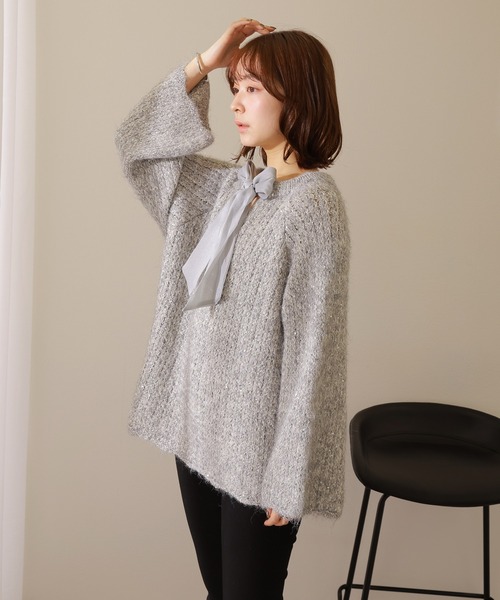 LAULEN(ローレン)の「chiffon ribbon glitter knit /ラメ シフォン リボン ニット(ニット/セーター・レディース・アイボリー/グレー・FREE)」の8枚目の写真