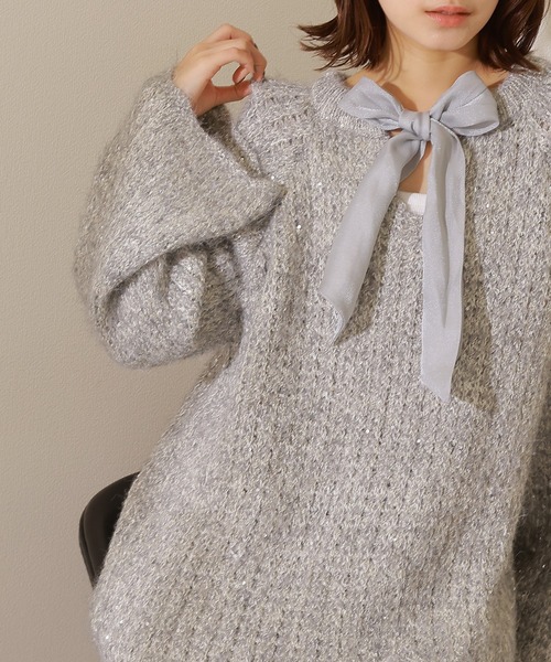 LAULEN(ローレン)の「chiffon ribbon glitter knit /ラメ シフォン リボン ニット(ニット/セーター・レディース・アイボリー/グレー・FREE)」の12枚目の写真