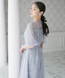 スパンコール付き刺繍パフスリーブワンピースドレス