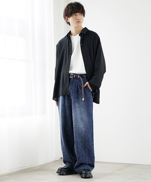 MinoriTY】ブークレタックワイドバギーデニム セミフレアパンツ デニム