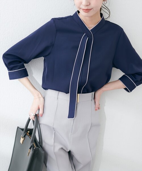 natural couture（ナチュラルクチュール）の「ねじり配色ボウタイ7分袖ブラウス（シャツ/ブラウス・レディース・アイボリー/ネイビー/ラベンダー/イエロー/ベージュ・FREE）」の22枚目の写真