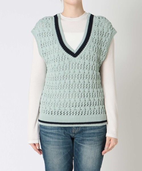 Jines（ジネス）の「テープヤーンレースメッシュベスト（ベスト・レディース・ベージュ/グリーン・38）」の12枚目の写真