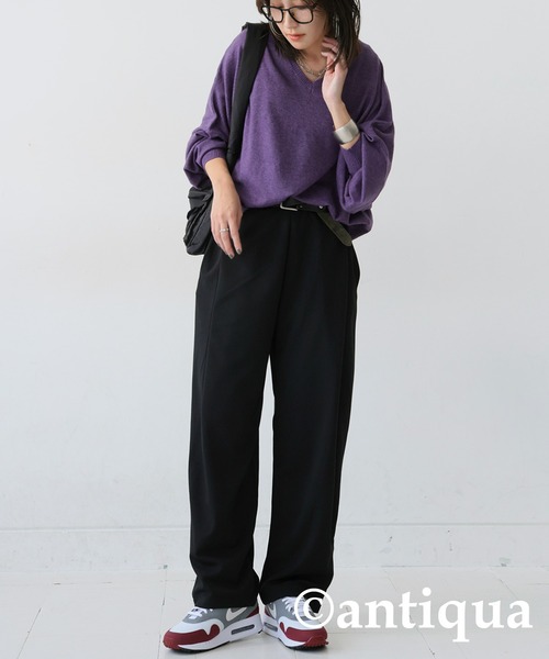 antiqua(アンティカ)の「コーデセット カシミヤタッチドルマンニット×カッティングテーパードパンツ(セットアップ・レディース・パープル/ナチュラル/杢グレー・L/M)」の3枚目の写真