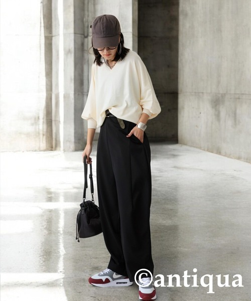 antiqua(アンティカ)の「コーデセット カシミヤタッチドルマンニット×カッティングテーパードパンツ(セットアップ・レディース・パープル/ナチュラル/杢グレー・L/M)」の9枚目の写真