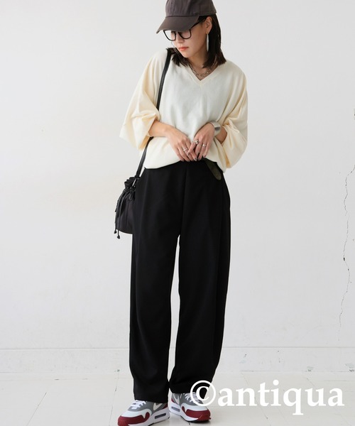 antiqua(アンティカ)の「コーデセット カシミヤタッチドルマンニット×カッティングテーパードパンツ(セットアップ・レディース・パープル/ナチュラル/杢グレー・L/M)」の10枚目の写真