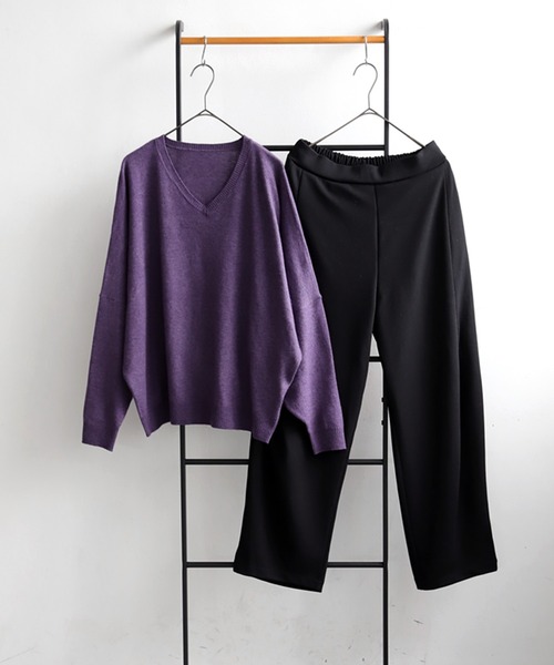 antiqua(アンティカ)の「コーデセット カシミヤタッチドルマンニット×カッティングテーパードパンツ(セットアップ・レディース・パープル/ナチュラル/杢グレー・L/M)」の22枚目の写真