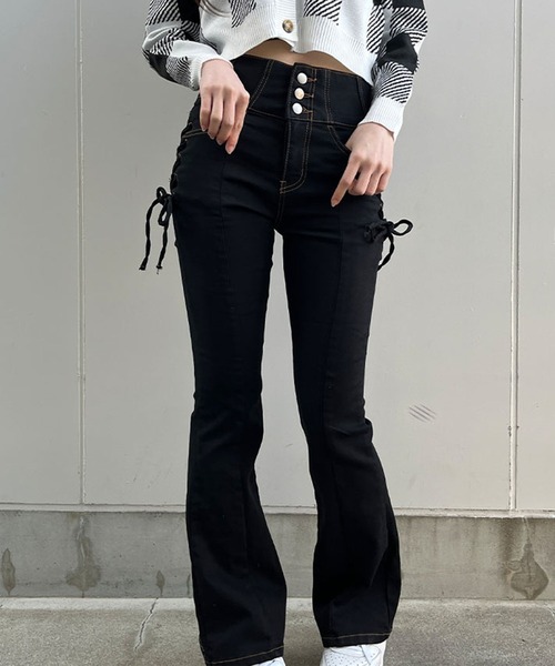 GLAMOROUS JANE(グラマラスジェーン)の「脇レースアップハイウエストデニムフレアパンツ(デニムパンツ・レディース・ブラック/チャコールグレー/ブルー・M/S)」の5枚目の写真