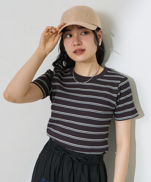 FREAK'S STORE（フリークスストア）の「ワッフルミニTシャツ/ボーダーTシャツ/マルチボーダー/無地Tシャツ（Tシャツ/カットソー・レディース・オフホワイト/グレー/ターコイズブルー/サックスブルー/チャコールグレー/ブラウン・ﾌﾘ-）」の3枚目の写真