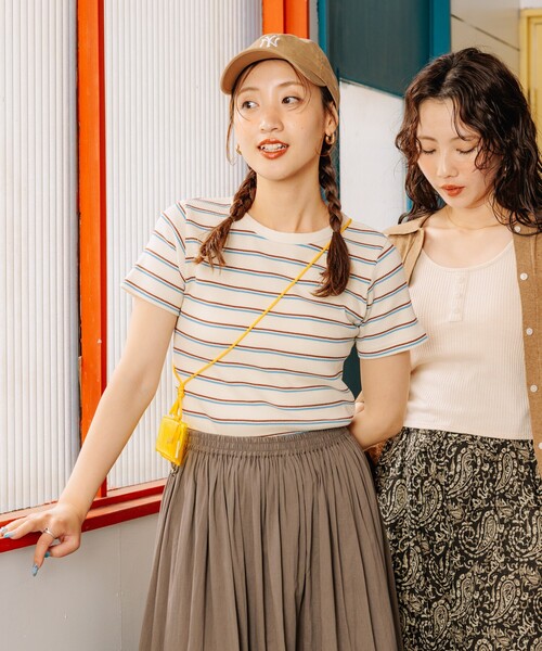FREAK'S STORE（フリークスストア）の「ワッフルミニTシャツ/ボーダーTシャツ/マルチボーダー/無地Tシャツ（Tシャツ/カットソー・レディース・オフホワイト/グレー/ターコイズブルー/サックスブルー/チャコールグレー/ブラウン・ﾌﾘ-）」の9枚目の写真