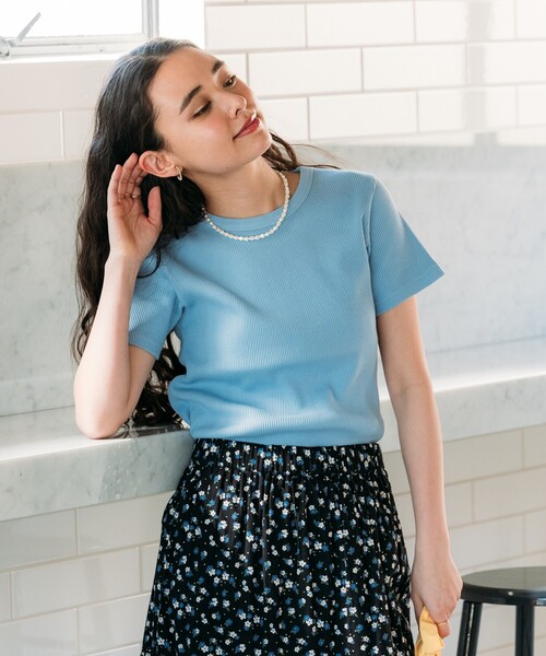 FREAK'S STORE（フリークスストア）の「ワッフルミニTシャツ/ボーダーTシャツ/マルチボーダー/無地Tシャツ（Tシャツ/カットソー・レディース・オフホワイト/グレー/ターコイズブルー/サックスブルー/チャコールグレー/ブラウン・ﾌﾘ-）」の16枚目の写真