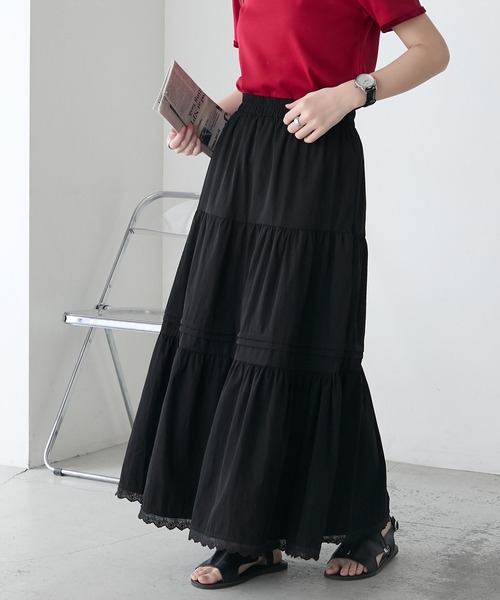BONLECILL（ボンルシール）の「ピンタックデザイン裾レースギャザーロングスカート（スカート・レディース・ホワイト/ブラック・FREE）」の22枚目の写真