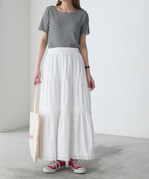 BONLECILL（ボンルシール）の「ピンタックデザイン裾レースギャザーロングスカート（スカート・レディース・ホワイト/ブラック・FREE）」の8枚目の写真