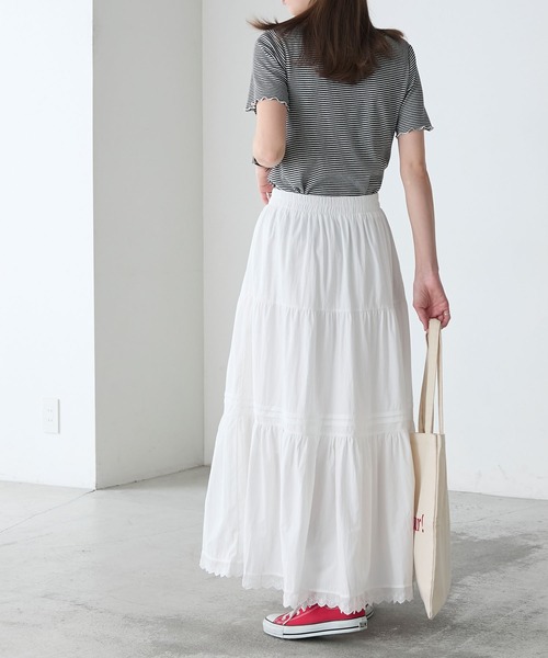 BONLECILL（ボンルシール）の「ピンタックデザイン裾レースギャザーロングスカート（スカート・レディース・ホワイト/ブラック・FREE）」の9枚目の写真