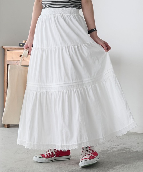 BONLECILL（ボンルシール）の「ピンタックデザイン裾レースギャザーロングスカート（スカート・レディース・ホワイト/ブラック・FREE）」の10枚目の写真