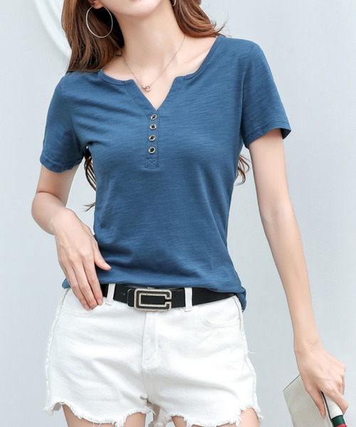 2ly2(トゥーリートゥー)の「ヘンリーネックTシャツ(Tシャツ/カットソー・レディース・ブルー/パープル/ホワイト/グリーン・FREE)」の13枚目の写真