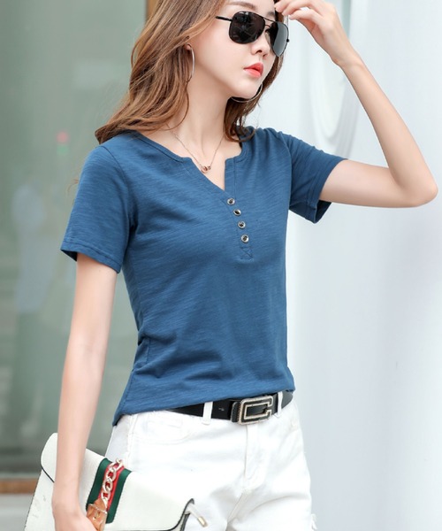 2ly2(トゥーリートゥー)の「ヘンリーネックTシャツ(Tシャツ/カットソー・レディース・ブルー/パープル/ホワイト/グリーン・FREE)」の14枚目の写真