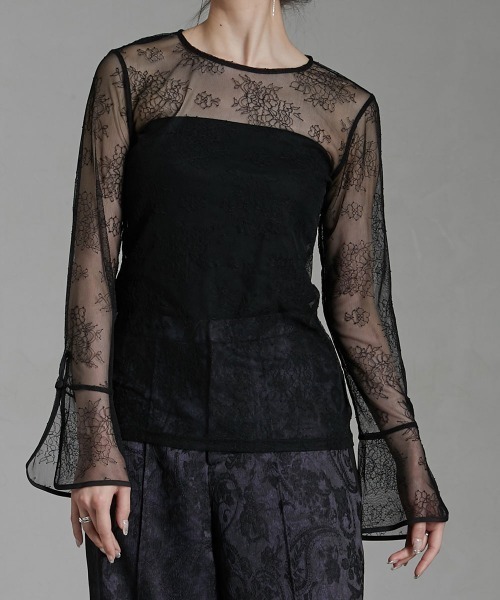 Callarus(カラルス)の「〔Callarus〕ベルスリーブ花柄チュールトップス(ドレス・レディース・ブラック/アイボリー・L/M/LL/3L/S)」の1枚目の写真