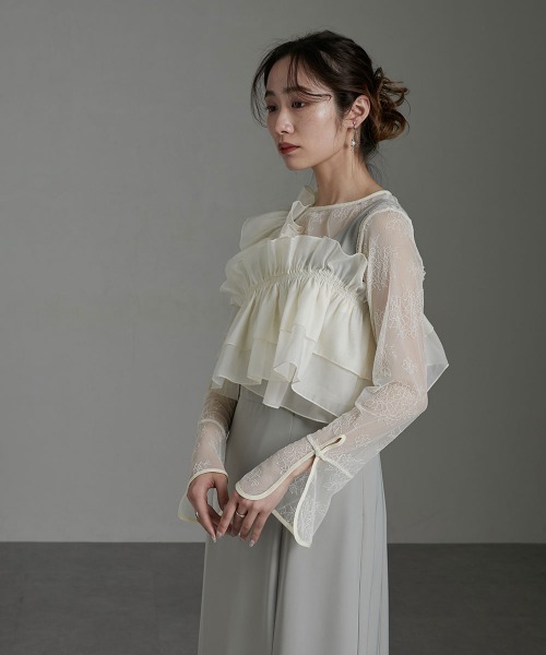 Callarus(カラルス)の「〔Callarus〕ベルスリーブ花柄チュールトップス(ドレス・レディース・ブラック/アイボリー・L/M/LL/3L/S)」の7枚目の写真