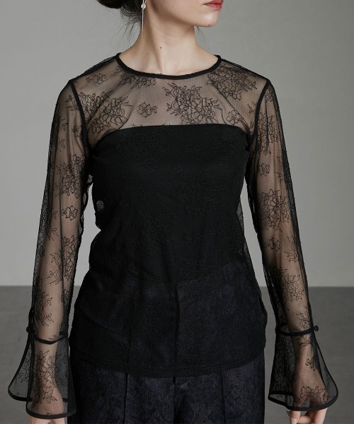 Callarus(カラルス)の「〔Callarus〕ベルスリーブ花柄チュールトップス(ドレス・レディース・ブラック/アイボリー・L/M/LL/3L/S)」の17枚目の写真