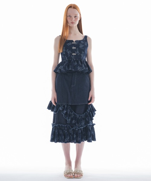damage frill denim skirt／花柄ジャガードフリルスカート damage frill denim skirt／花柄ジャガードフリルデザイン